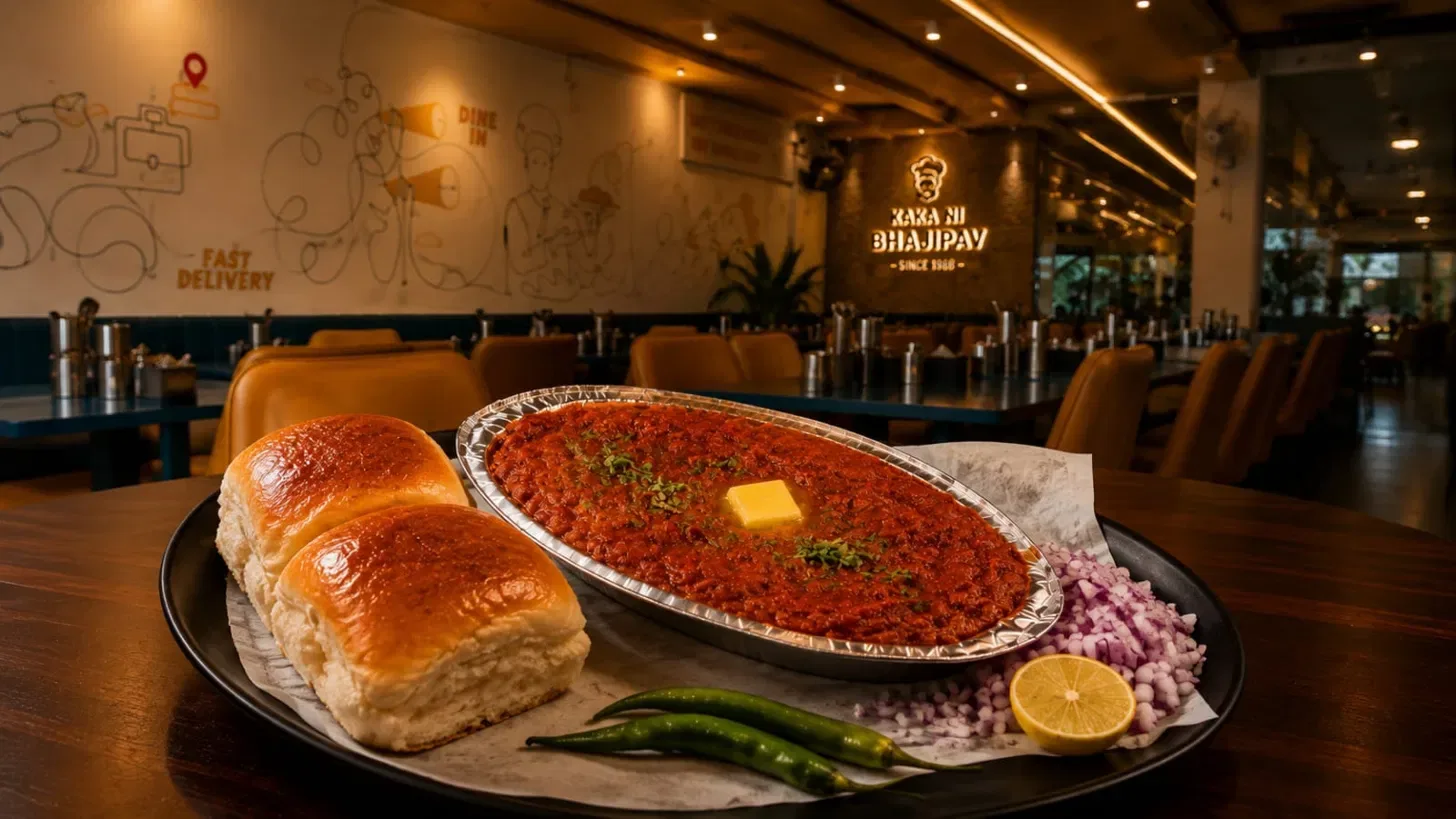 Kaka Special Pav Bhaji served with butter-toasted pav, onions, lemon and green chillies