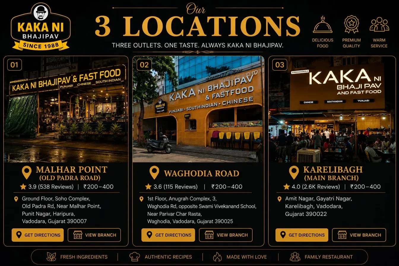 Google ratings and locations for Kaka Ni Bhaji Pav branches in Vadodara